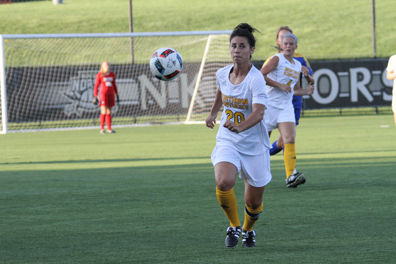 Katelyn Newton chases down a loose ball. She was credited with the lone goal in the 1-0 win over MSU.