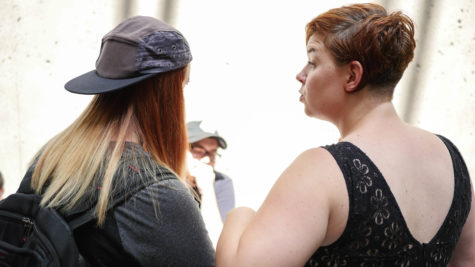 Amber Caines (left) and Rachel Loftis (right) discuss how the LGBTQ services are working towards supporting the entire NKU community. 