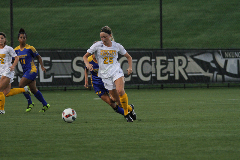 Midfielder Payton Naylor looks to dribble past the MSU defense in the 1-0 Norse win.