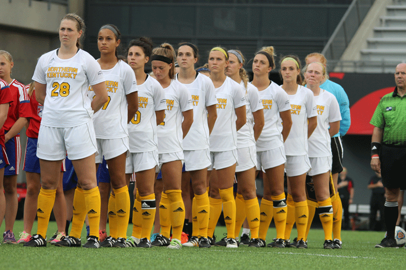 The NKU womens soccer team, lined up before Mondays game against the University of Cincinnati.