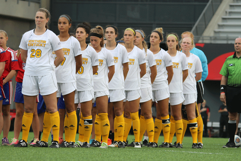 The NKU women's soccer team, lined up before Monday's game against the University of Cincinnati.