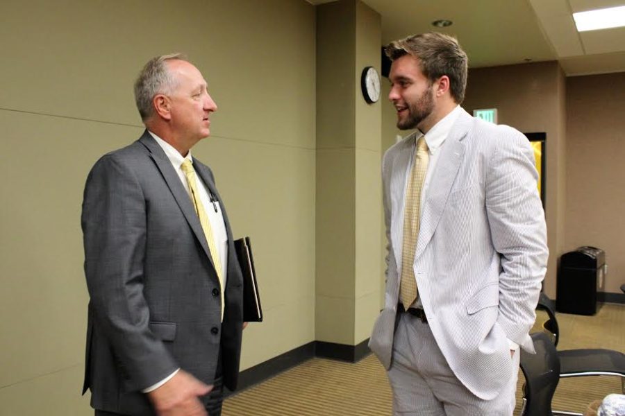 Dr. Daniel Nadler chats with SGA President Will Weber after the Aug. 22 meeting. Nadler was hired by Northern Kentucky University as the new Vice President of Student Affairs in May. 