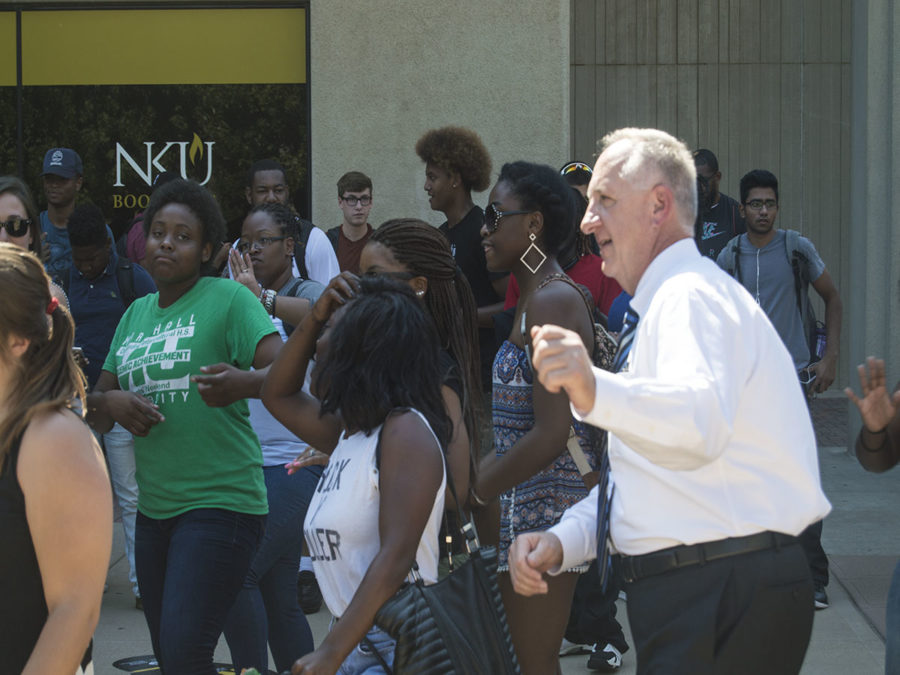 Dr. Dan Nadler joined a dance party last semester outside of the SU. Living on campus has allowd him to connect with students, Nadler said. 