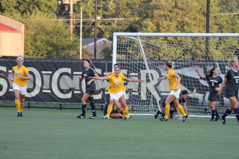 Rachel+Conaway+celebrates+just+after+her+header+gets+past+the+Xavier+goalie.+The+goal+put+the+Norse+in+the+lead+1-0