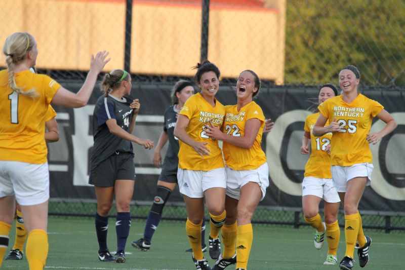 Rachel Conaway celebrates her first goal of her career against Xavier with teammate Katelyn Newton