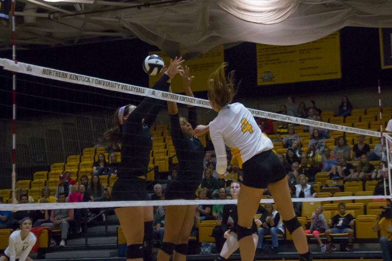 Haley Libs hits a ball past Cleveland State to record a kill. She had 11 kills and 14 digs in the loss.