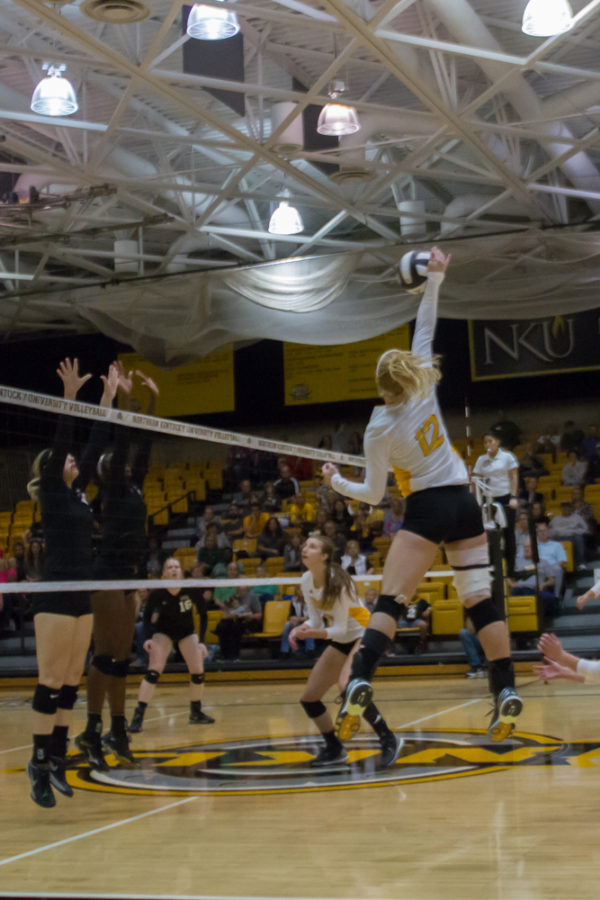 Laura Crawford spikes a ball against Cleveland State. The Norse would lose to CSU 3-2. 