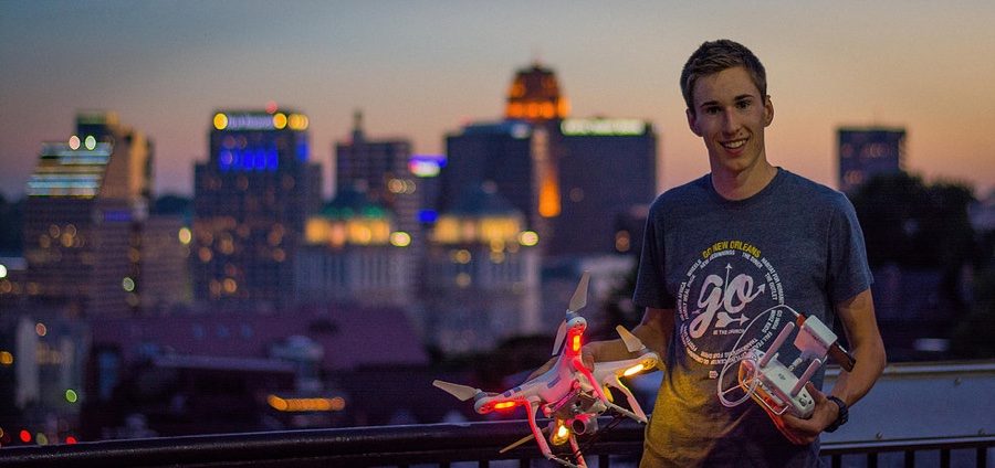 Noah Vaniglia, NKU sophomore electronic media broadcasting major, poses with his DJI Phantom 3 Professional drone. Vaniglia has flown over campus and Downtown Cincinnati, among other scenic areas. 