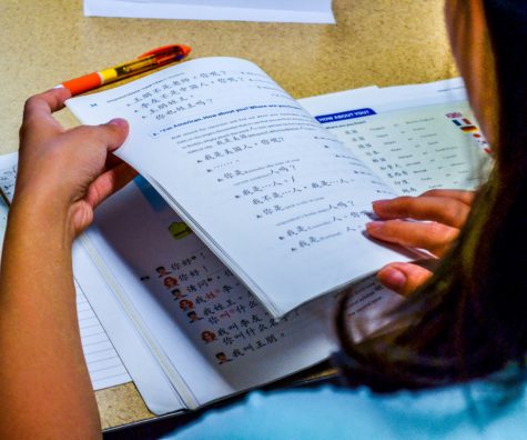 A student in Sun's Chinese class flips through her textbook. 