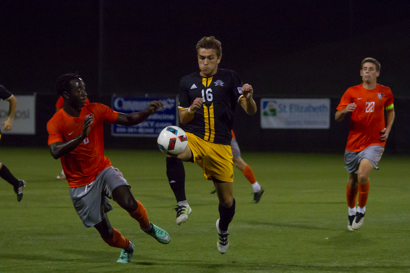 Liam Evans tries to get past a BSGU defender during NKUs 2-1 loss.