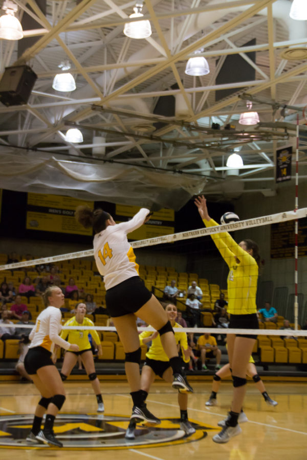 Keely Creamer records one of her 19 kills against Valpo on Friday. Creamer broke the record for kills in a three set match.