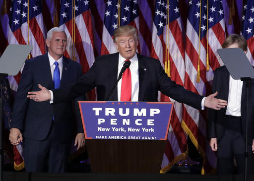 President-elect Donald Trump gives his acceptance speech during his election night rally, Wednesday, Nov. 9, 2016, in New York. (AP Photo/John Locher)