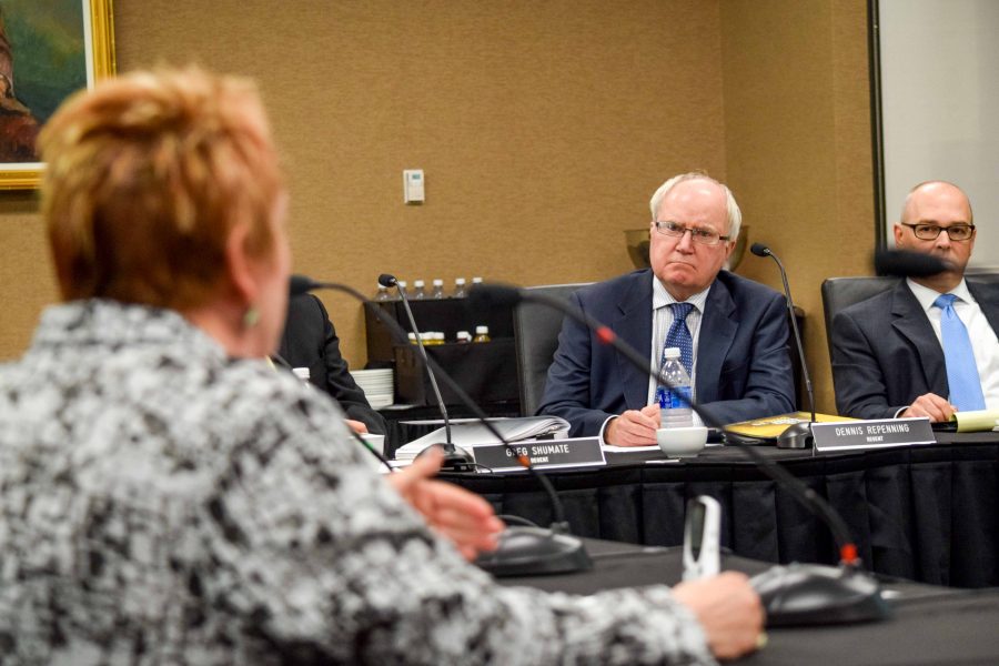 NKU Regent Dennis Repenning listens to a presentation by Provost and Executive Vice President for Academic Affairs Sue Ott Rowlands (left) during Wednesdays Board of Regents meeting.