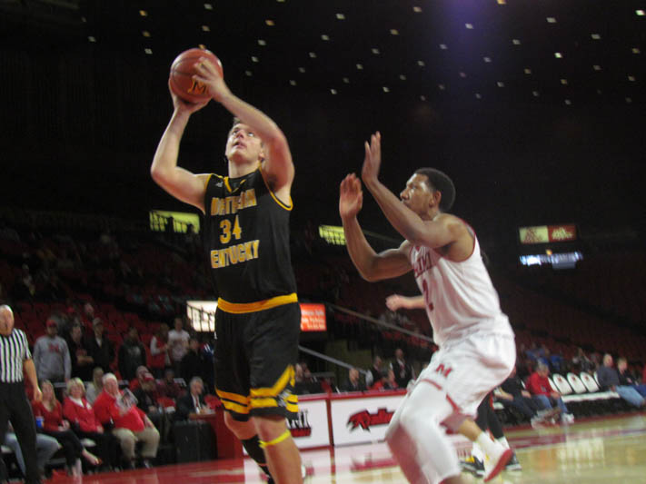 Drew McDonald spins around a Miami defender to finish at the rim in a 79-70 win vs Miami (OH)