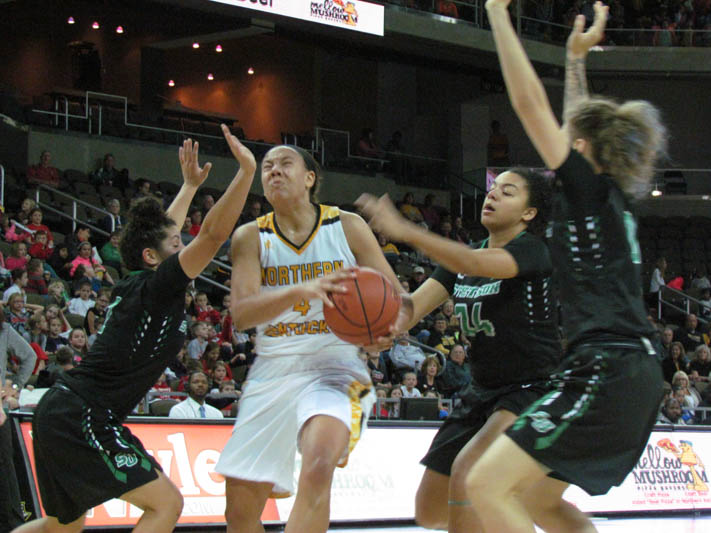 Mikayla Terry dribbles through traffic against Stetson. The Norse lost 54-45.