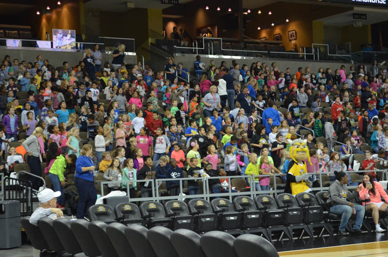 Victor E. Viking made his first appearance in front of 4,000 elementary school children last Wednesday during Victors Hoops for Health day. 