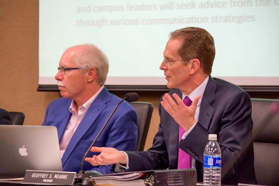 NKU President Geoffrey Mearns (right)  and Rich Boehne during a recent Board of Regents meeting.