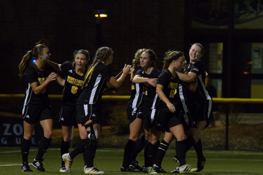 The Norse celebrate after Macy Hamblin puts the Norse on the board. NKU would come back from a 2-0 deficit to defeat Milwaukee 3-2 in the Horizon League Championship.