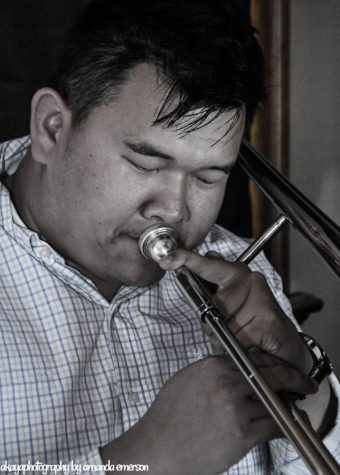 Justin Schmitt played his golden trombone. Along with 2 friends, Schmitt founded Clever Records. 