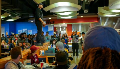 Jayren Andrews addressed the crowd in the SU. The demonstration was meant to allow black minority voices to be heard.  