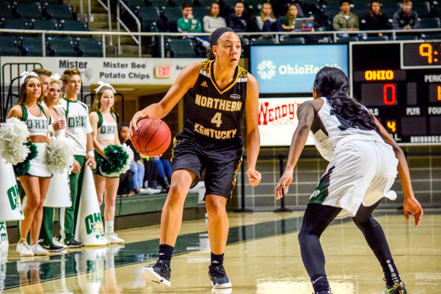 NKUs Mikayla Terry (4) drives around a defender Monday as the Norse played Ohio University in Athens, Ohio.