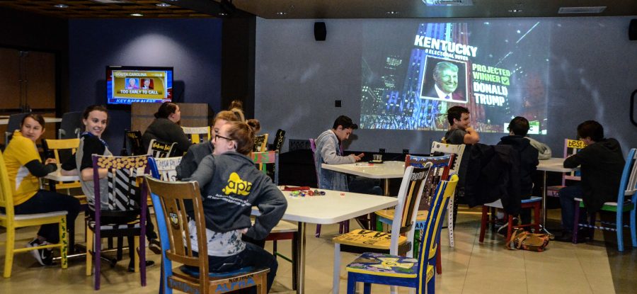 NKU students watch election returns at the APB watch party in the student union.