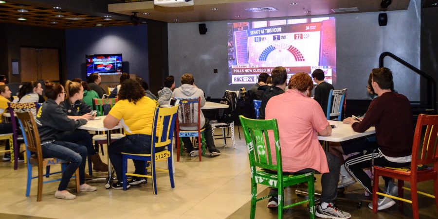 NKU students watch election returns at the APB watch party in the student union.