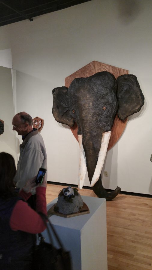 The giant life-like sculpture of an elephant was the centerpiece of Poynters display. 