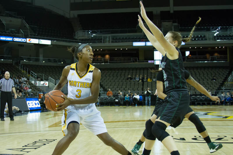 Rebecca Lyttle looks to get around a Wright State defender. The Norse lost to Wright State. 