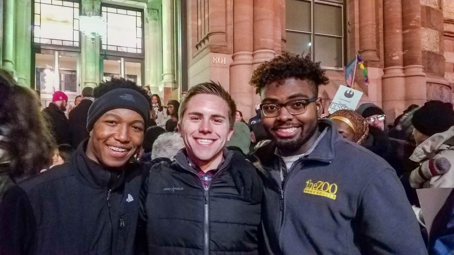 NKU student Sami Dada, Michael Bailey and Patrick Edwards attend Mondays rally in Cincinnati protesting President Donald Trumps executive order temporarily limiting immigration from certain countries.