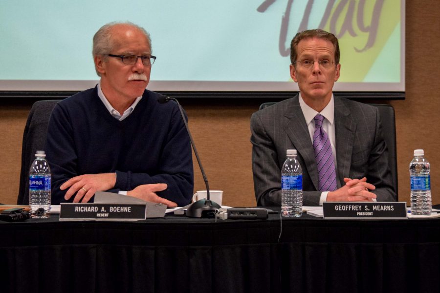 Rich Boehne (left), chair of the Board of Regents, and Geoffrey Mearns (right), president of NKU, during Tuesdays Board of Regents meeting.
