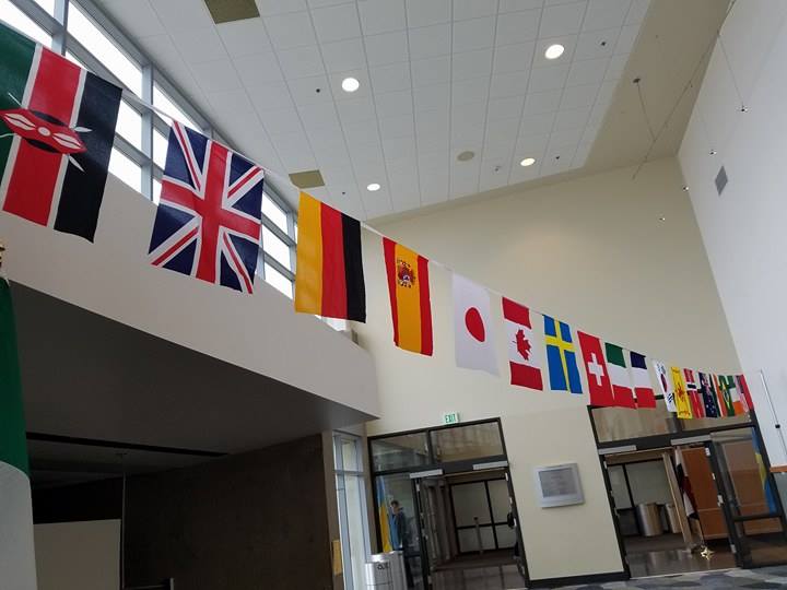 Flags hang in the Student Union.