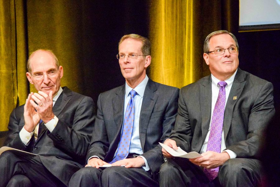 UK President Dr. Eli Capilouto (left), NKU President Geoffrey Mearns (center) and St. Elizabeth Health President Garren Colvin (right) during Mondays press conference.