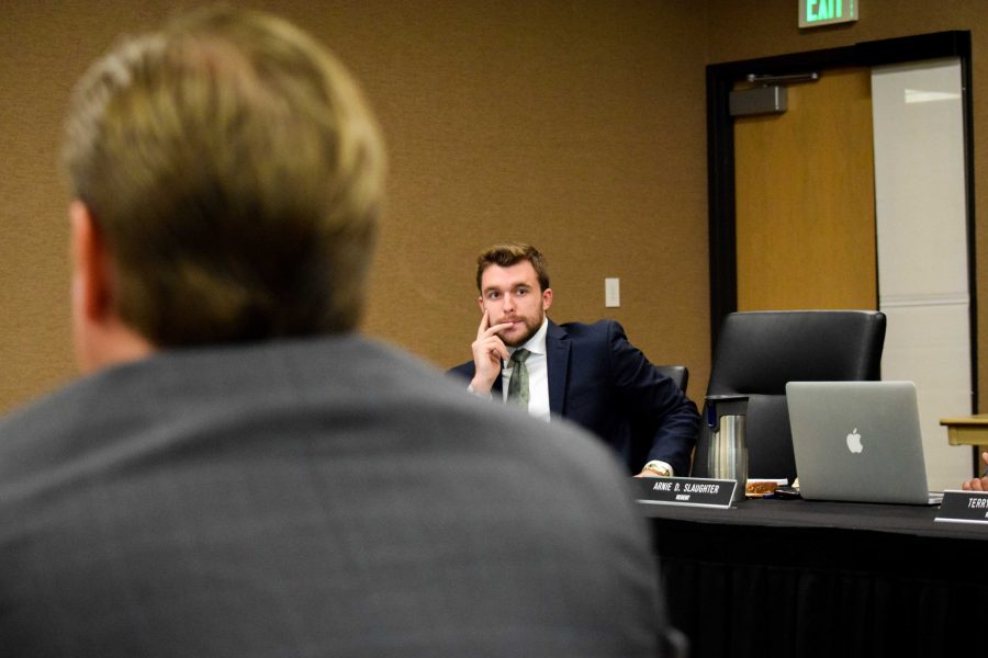 NKU regent and SGA president Will Weber looks on during Tuesday's presentation on the sale of WNKU.