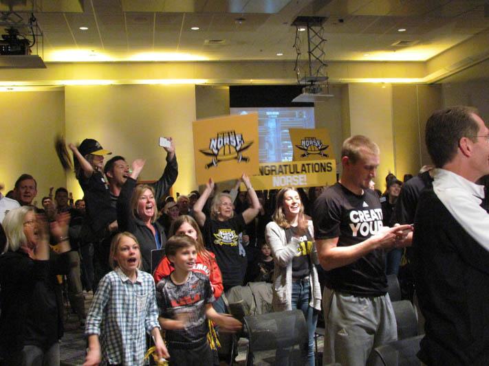 Norse fans cheers as they learn the Norse will play UK in the NCAA Tournament. Around 800 people showed up for the selection show party