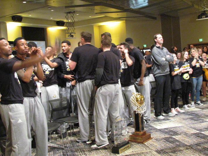 The Norse celebrate with fans and family after they ;earn they will play Kentucky in the first round of the NCAA Tournament 