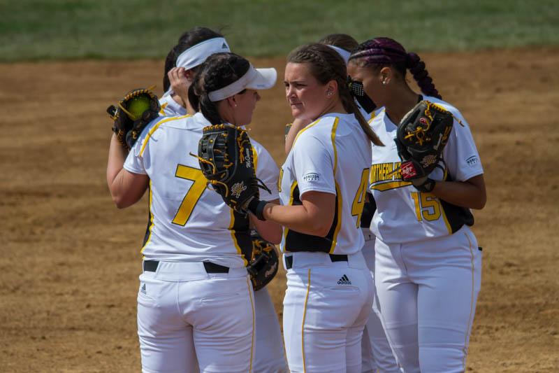 The Norse gather at the mound prior to the start of the inning against Valparaiso.