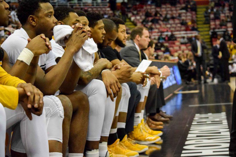 The NKU bench looks on during the Horizon League championship game against Milwaukee.