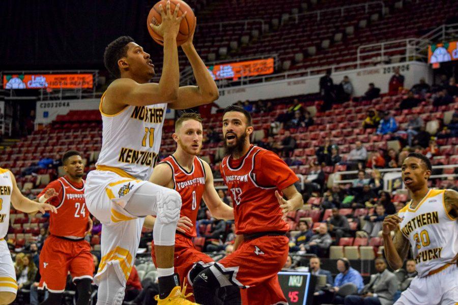 NKUs Mason Faulkner (11) goes up for a shot during Mondays Horizon League semifinal win over Youngstown State.