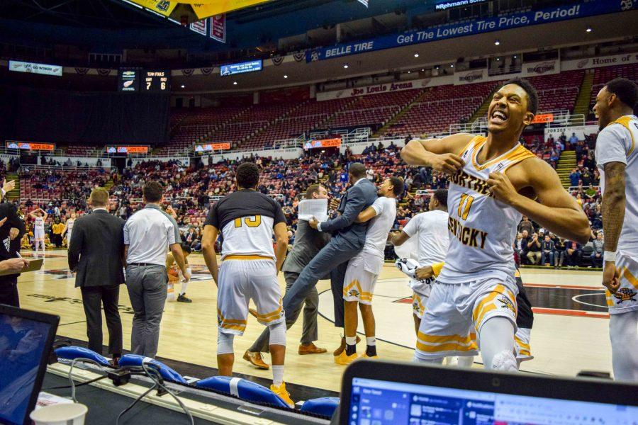 Mason Faulkner (11) and the bench celebrate as the Norse defeated Milwaukee.