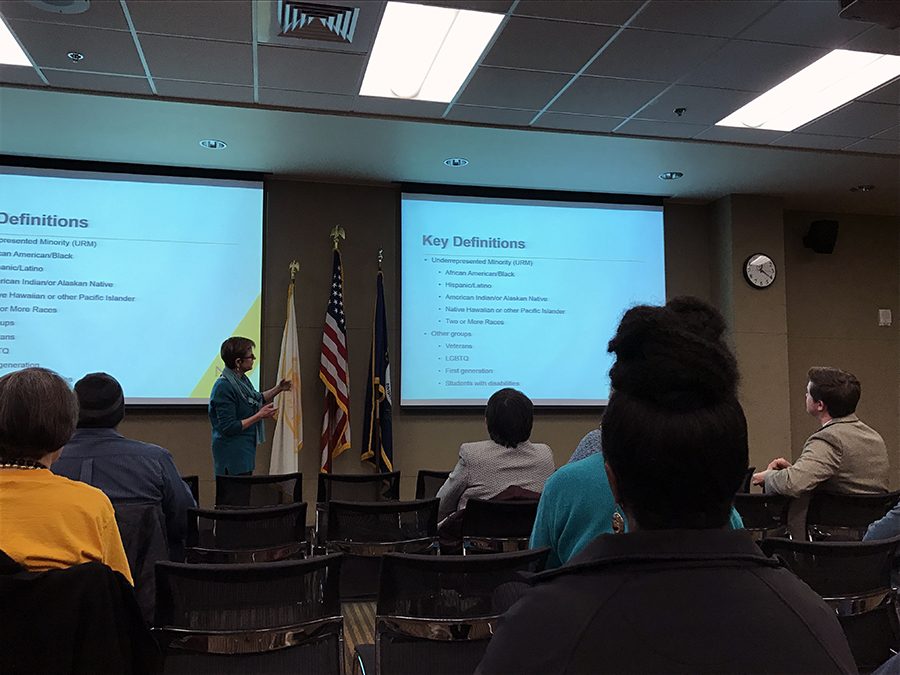 Kathleen Roberts discusses the 2022 Inclusive Excellence Plan draft during Friday's forum.