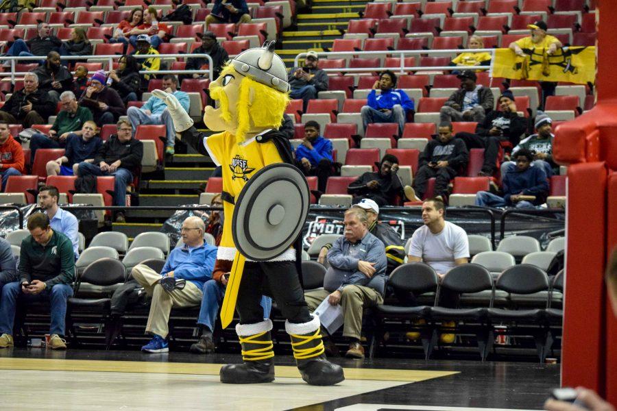 Victor E. Viking waves goodbye to the Youngstown State Penguins during Mondays Horizon League semifinal win over Youngstown State.