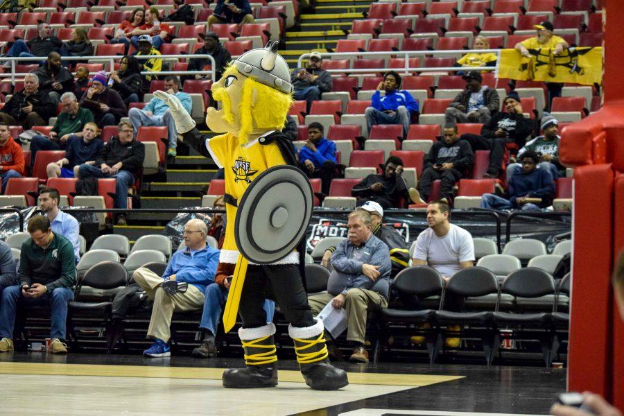Victor E. Viking waves goodbye to the Youngstown State Penguins during Monday's Horizon League semifinal win over Youngstown State.