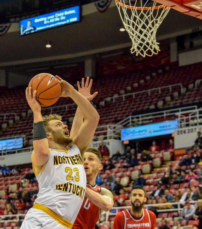 Carson Williams (23) goes up for a shot during Mondays Horizon League semifinal win over Youngstown State.