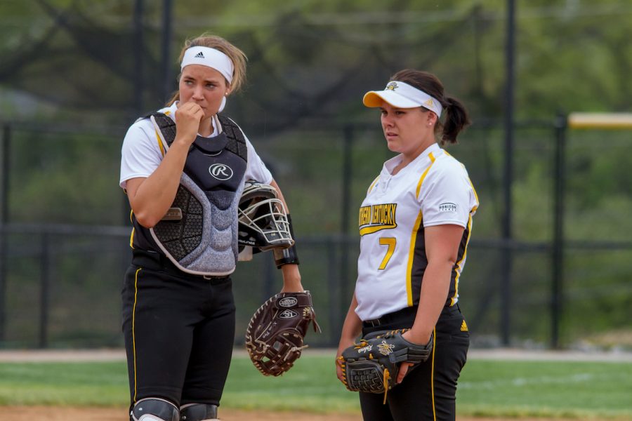 Ashlynn+Roberts+looks+on+during+a+visit+to+the+mound+on+Tuesday+against+EKU.+