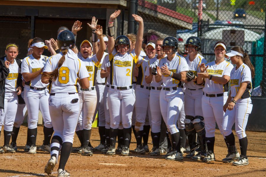 The Norse celebrate after Dani Devlin homered against Youngstown State