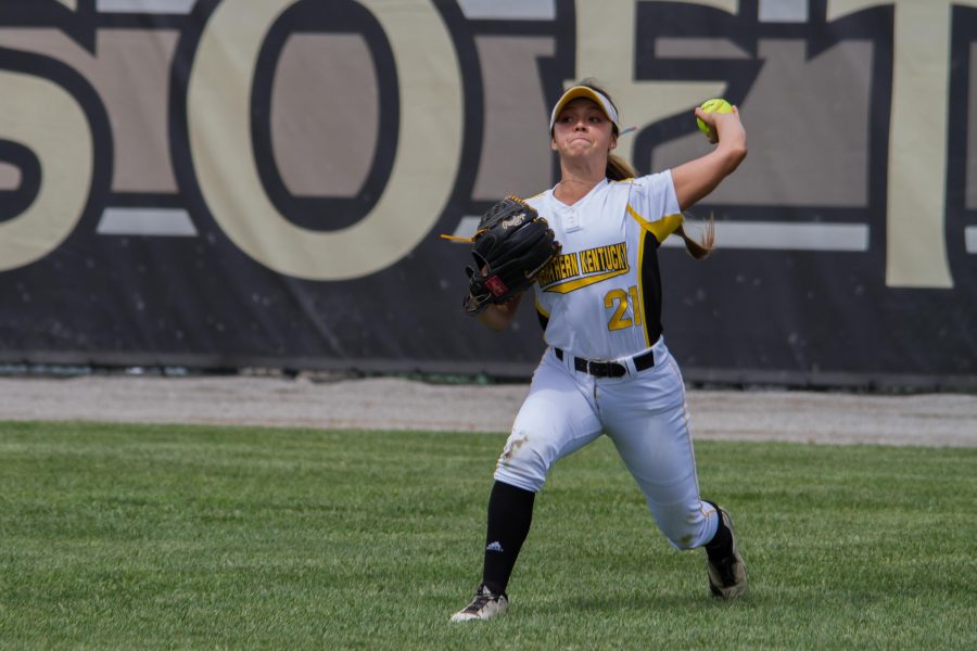 Kailey Rossiter throws the ball back into the infield against Cleveland State