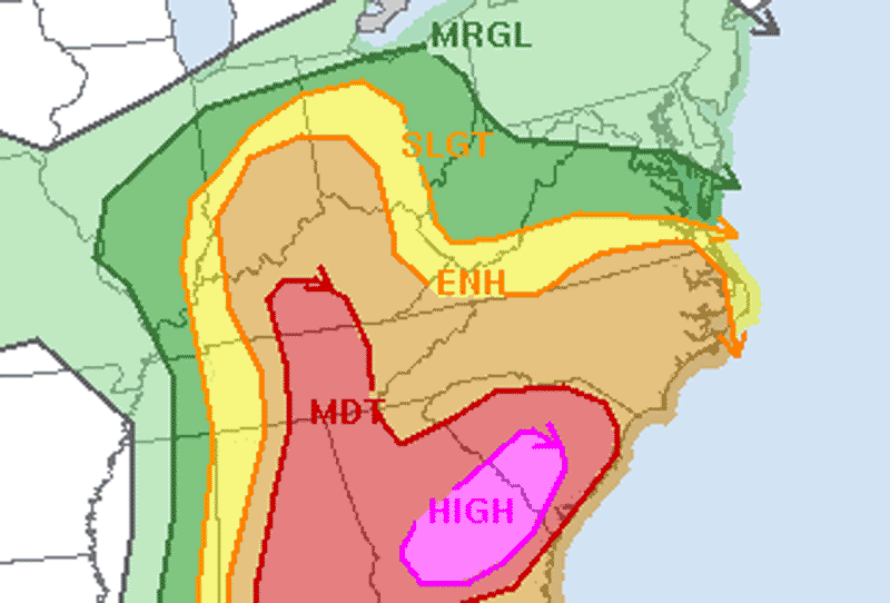 The Storm Prediction Center has placed the area in an enhanced risk for severe weather later today.