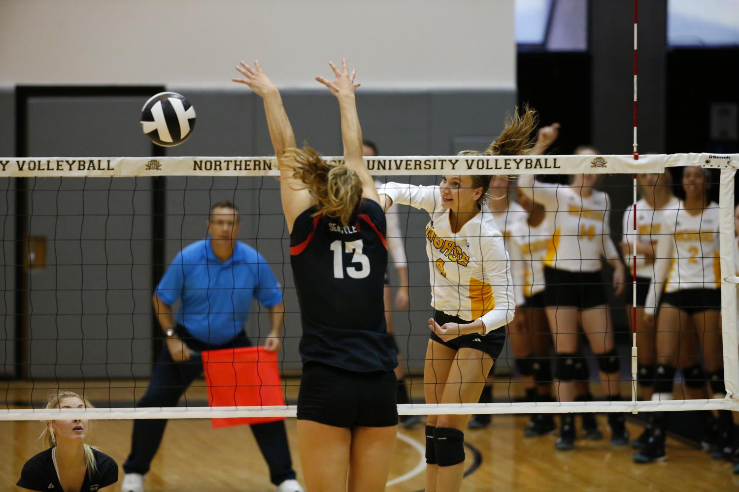 Haley Libs records a kill during the NKU Invitational in Regents Hall.