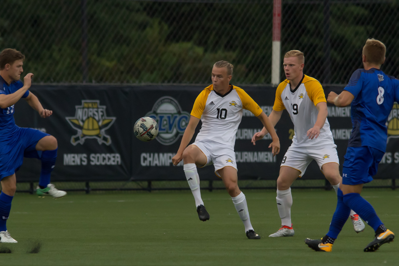 Rikard Lindqvist (10) fights for a ball in the air